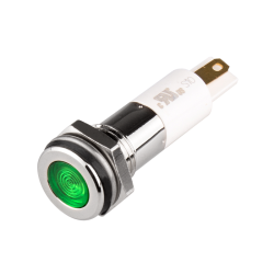 High intensity LED Indicator, 10mm Mounting, Hight bright, Flat Head type, IP67, Green, 110V AC