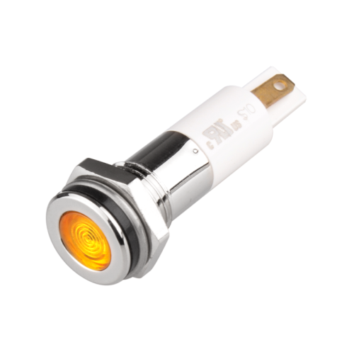 High intensity LED Indicator, 10mm Mounting, Hight bright, Flat Head type, IP67, Yellow, 12V DC..