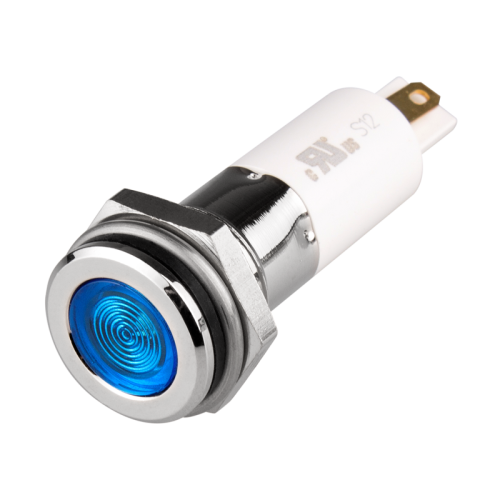 High intensity LED Indicator, 12mm Panel hole, Flat Head type, Blue, 110V AC