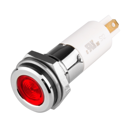 High intensity LED Indicator, 12mm Panel hole, Flat Head type, Red, 12V DC