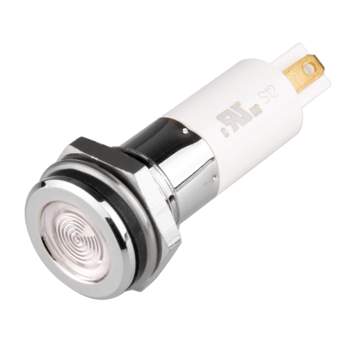 High intensity LED Indicator, 12mm Panel hole, Flat Head type, White, 12V DC