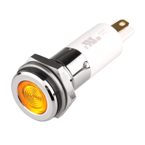 High intensity LED Indicator, 12mm Panel hole, Flat Head type, Yellow, 12V DC