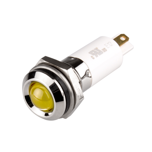 LED Indicator, 12mm Panel hole, Round Head type, Yellow, 12V DC