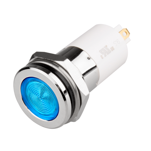 High intensity LED Indicator, 16mm Panel hole, Flat Head type, Blue, 24V DC
