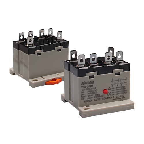Electro Mechanical Power Relay, DIN Rail mount & Quick connector(#250), 25A DPST NO, 220VAC coil input