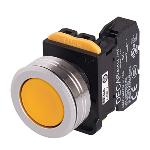 22mm Momentary pushbutton switch, Metal flush head & flush mountable, 1NC, Yellow