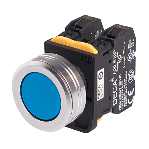 22mm Momentary pushbutton switch, Metal flush head & flush mountable, 1NC, Blue