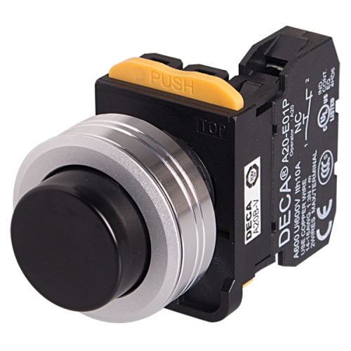 22mm Maintained pushbutton switch, Metal extended head & flush mountable, 1NC, Black