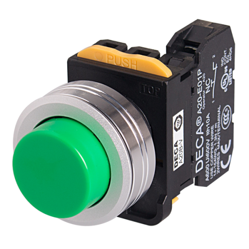 22mm Maintained pushbutton switch, Metal extended head & flush mountable, 1NO, Green