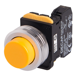 22mm Momentary pushbutton switch, Metal extended head & flush mountable, 1NO, Yellow