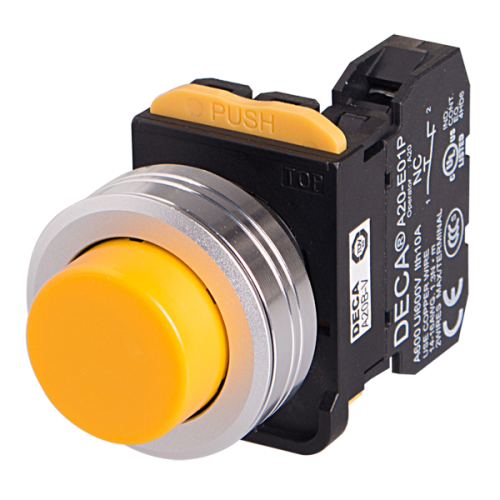 22mm Momentary pushbutton switch, Metal extended head & flush mountable, 1NC, Yellow