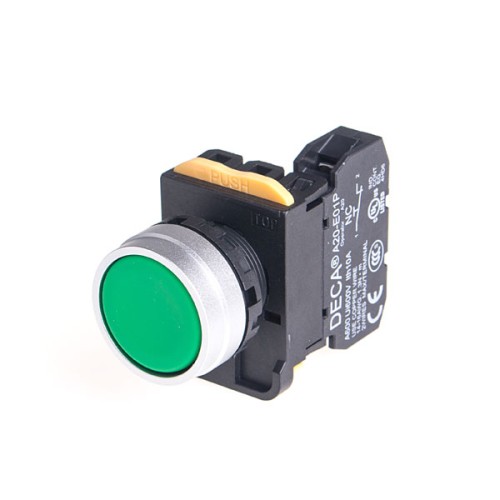 22mm Maintained pushbutton switch, Metal bezel flush head, 1NC, Green