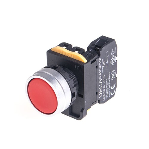 22mm Maintained pushbutton switch, Metal bezel flush head, 1NC, Red