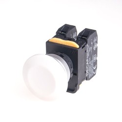 22mm Momentary pushbutton switch, Metal bezel mushroom head, 1NC, White