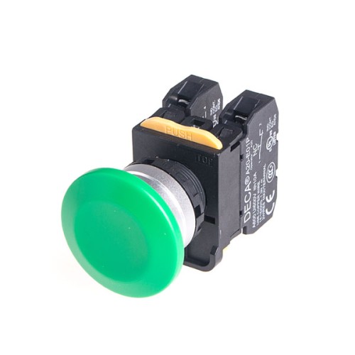 22mm Momentary pushbutton switch, Metal bezel mushroom head, 1NO, Green