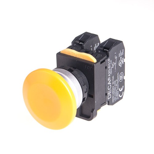 22mm Maintained pushbutton switch, Metal bezel mushroom head, 1NC, Yellow