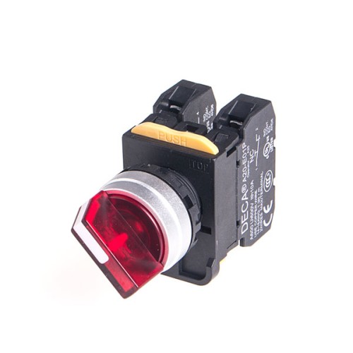 22mm LED illuminated Selector switch, Metal bezel, 2 positions, Spring return from Right, 1NO, LED 24V AC/DC, Red