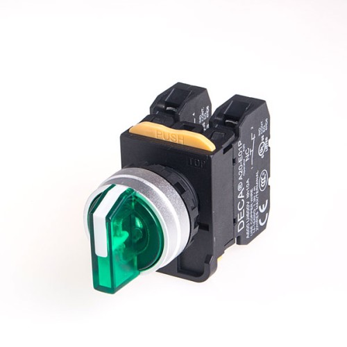 22mm LED illuminated Selector switch, Metal bezel, 3 positions, Spring return from 2-way, 2NC, LED 12V AC/DC, Green