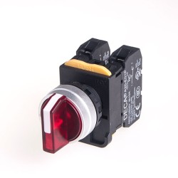 22mm LED illuminated Selector switch, Metal bezel, 3 positions, Spring return from 2-way, 2NC, LED 110V AC/DC, Red