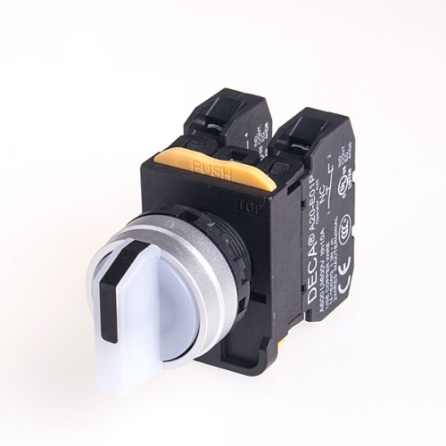 22mm LED illuminated Selector switch, Metal bezel, Maintained 3 positions, 2NO, LED 110V AC/DC, White