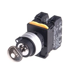 22mm Key selector switch, Metal bezel, 2 positions, Spring return from Right, 1NC