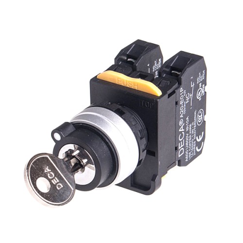 22mm Key selector switch, Metal bezel, 2 positions, Spring return from Right, 1NC