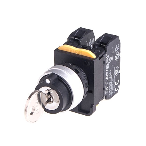 22mm Key selector switch, Metal bezel, 3 positions, Spring return from 2-way, 2NC