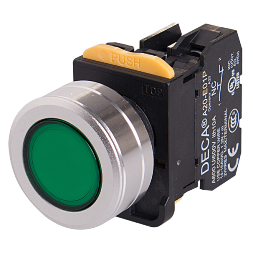 22mm LED Illuminated momentary pushbutton switch, Metal flush head & flush mountable, 1NO, Green LED 12V AC/DC
