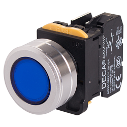22mm LED Illuminated maintained pushbutton switch, Metal flush head & flush mountable, 1NC, Blue LED 110V AC/DC