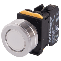 22mm LED Illuminated maintained pushbutton switch, Metal flush head & flush mountable, 1NO, White LED 110V AC/DC