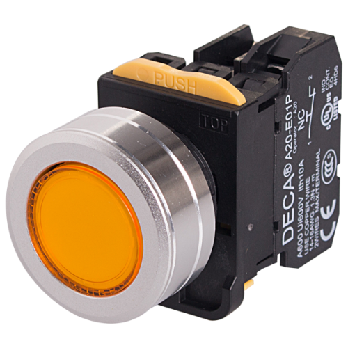 22mm LED Illuminated momentary pushbutton switch, Metal flush head & flush mountable, 1NC, Yellow LED 110V AC/DC