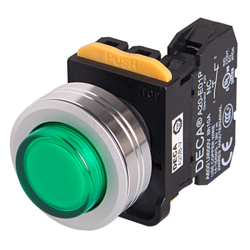 22mm LED Illuminated momentary pushbutton switch, Metal extended head & flush mountable, 1NO, Green LED 230V AC/DC