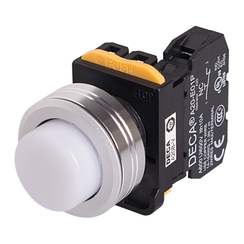 22mm LED Illuminated momentary pushbutton switch, Metal extended head & flush mountable, 1NO, White LED 110V AC/DC