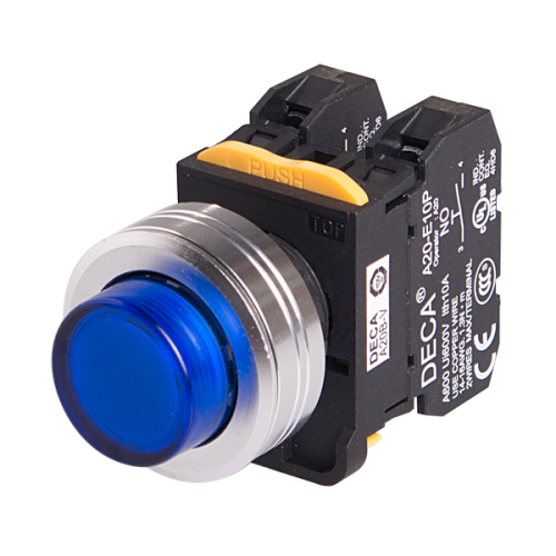 22mm LED Illuminated momentary pushbutton switch, Metal extended head & flush mountable, 1NC, Blue LED 110V AC/DC
