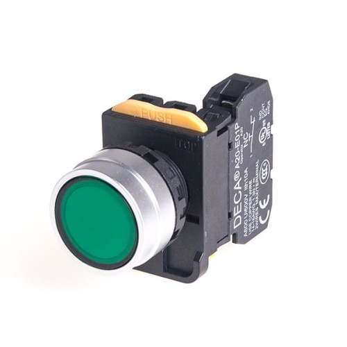 22mm LED Illuminated momentary pushbutton switch, Metal bezel flush head, 1NC, LED 12V AC/DC, Green