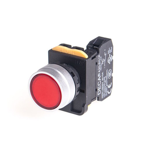 22mm LED Illuminated momentary pushbutton switch, Metal bezel flush head, 1NC, LED 12V AC/DC, Red
