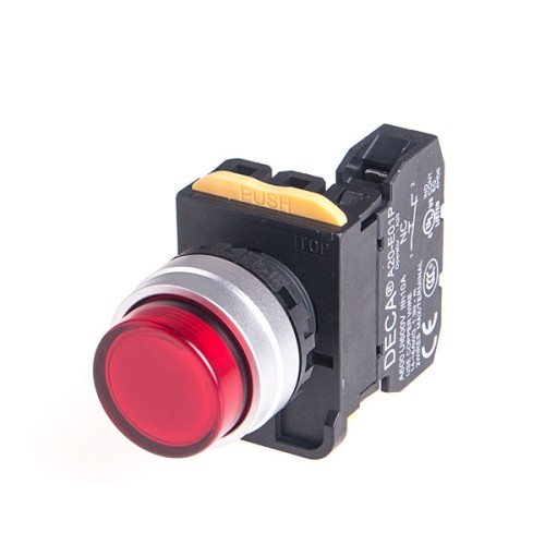 22mm LED Illuminated maintained pushbutton switch, Metal bezel extended head, 1NC, LED 12V AC/DC, Red