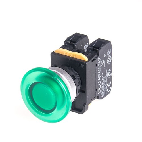 22mm LED Illuminated momentary pushbutton switch, Metal bezel mushroom head, 1NC, LED 12V AC/DC, Green
