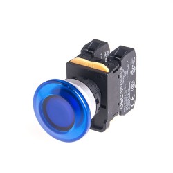 22mm LED Illuminated maintained pushbutton switch, Metal bezel mushroom head, 1NC, LED 110V AC/DC, Blue