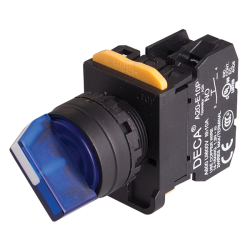 22mm Selector switch, 3 positions, Illuminated, Spring return from 2-way, 2NC, Blue Knob & LED 230V AC/DC