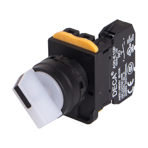 22mm Selector switch, 3 positions, Illuminated, Spring return from right, 2NC, White Knob & LED 230V AC/DC