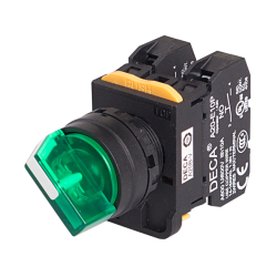 22mm Selector switch, 2 positions, Illuminated, Maintained, 1NO, Green Knob & LED 110V AC/DC 22mm Selector switch, 2 positions, Illuminated, Maintained, 1NO, Green Knob & LED 110V AC/DC