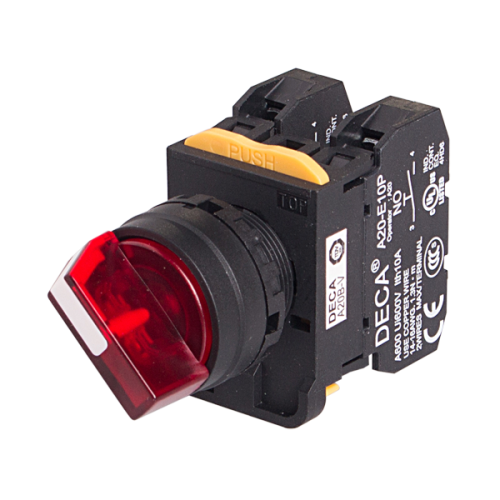 22mm Selector switch, 2 positions, Illuminated, Maintained, 1NC, Red Knob & LED 12V AC/DC