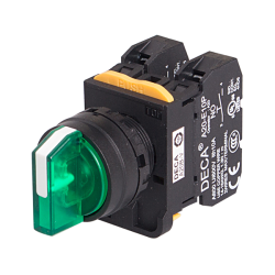 22mm Selector switch, 3 positions, Illuminated, Spring return from 2-way, 2NC, Green Knob & LED 110V AC/DC