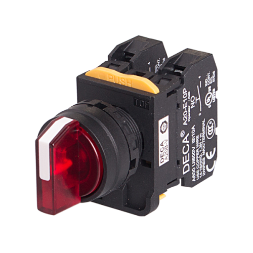 22mm Selector switch, 3 positions, Illuminated, Spring return from right, 2NC, Red Knob & LED 230V AC/DC