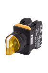 22mm Selector switch, 3 positions, Illuminated, Spring return from right, 2NC, Yellow Knob & LED 230V AC/DC