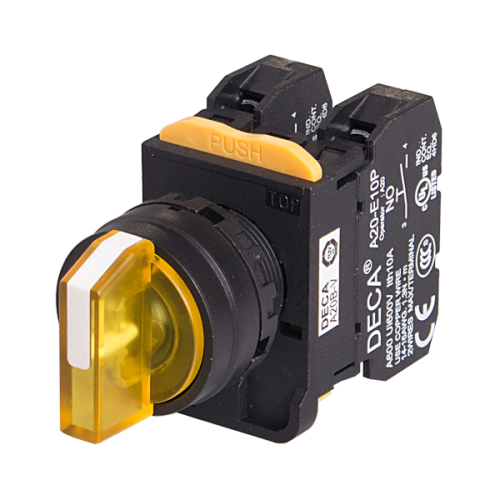 22mm Selector switch, 3 positions, Illuminated, Spring return from right, 2NC, Yellow Knob & LED 230V AC/DC