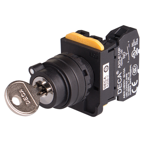 22mm Key selector switch, 2 positions, Spring return from Right, 1NC