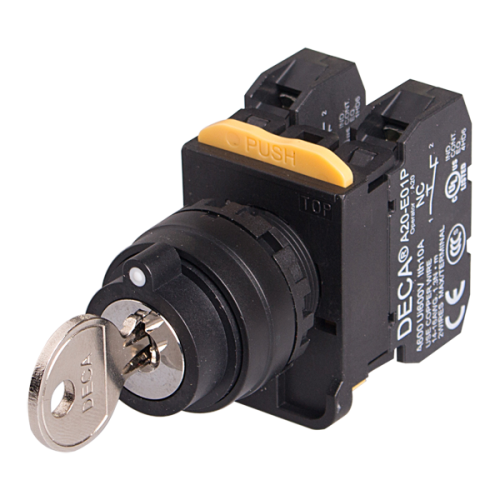 22mm Key selector switch, 3 positions, Spring return from Right, 2NO