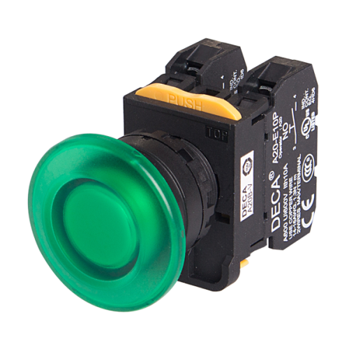 22mm LED Illuminated momentary pushbutton switch, Mushroom head, 1NC, Green LED 12V AC/DC